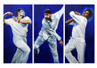 Triptych bowlers by christina pierce, cricket artist
