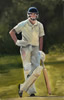 Batting Oil on paper 8” x 12” painting by christina pierce, cricket artist