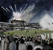 Ashes Oval fireworks 12in x 12in oil on paper - painting by christina pierce, cricket artist