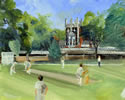Hurlingham church 10in x 8in oil on board - painting by christina pierce, cricket artist