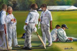 boys-waiting-to-bat, oil on canvas 24” x 36” by christina pierce, cricket artist