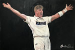Dan Douthwaite, Glamorgan. oil on canvas 24” x 36” - painting by christina pierce, cricket artist