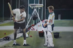 Bowling Machine - oil on canvas 16” x 24” by christina pierce, cricket artist