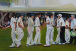 Umpires - oil on canvas 16” x 24” by christina pierce, cricket artist