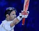 Raoul Dravid Celebration 12in x 18in oil on paper by christina pierce, cricket artist