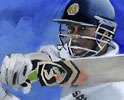 Raoul Dravid Shot 12in x 18in oil on paper by christina pierce, cricket artist